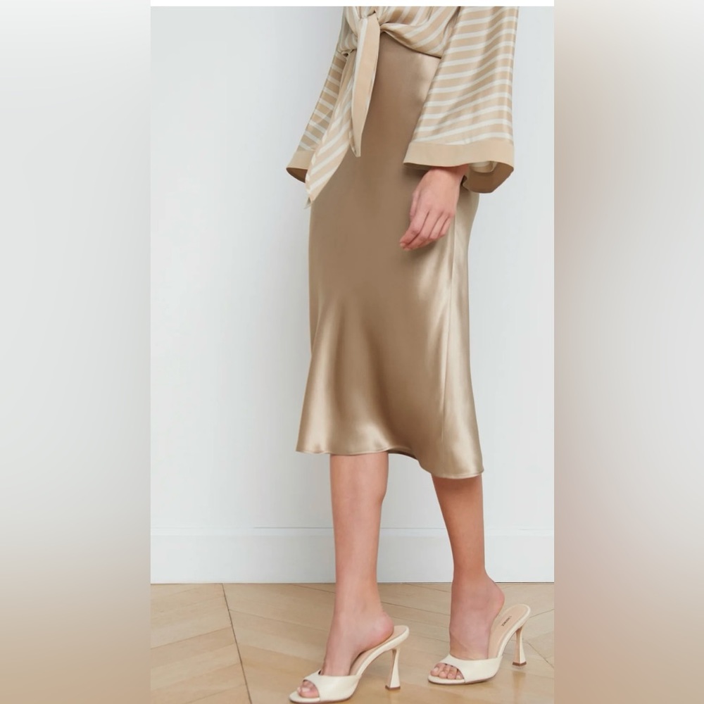 L'AGENCE Gold Satin Midi Skirt
